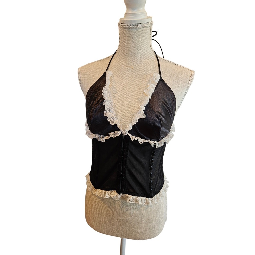Victoria's Secret Black Lace Trim Corset Halter Top L Lingerie Sexy